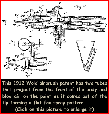 Wold's 1912 airbrush design used two auxillary air blast tubes to create a fan pattern.