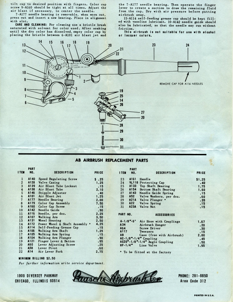 1953 Paasche AB Instruction Sheet - Airbrush Museum Airbrush History