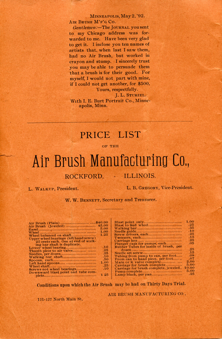 Indise front cover of the 1892 Air Brush Journal magazine by Liberty Walkup & the Air Brush Mfg. Co.