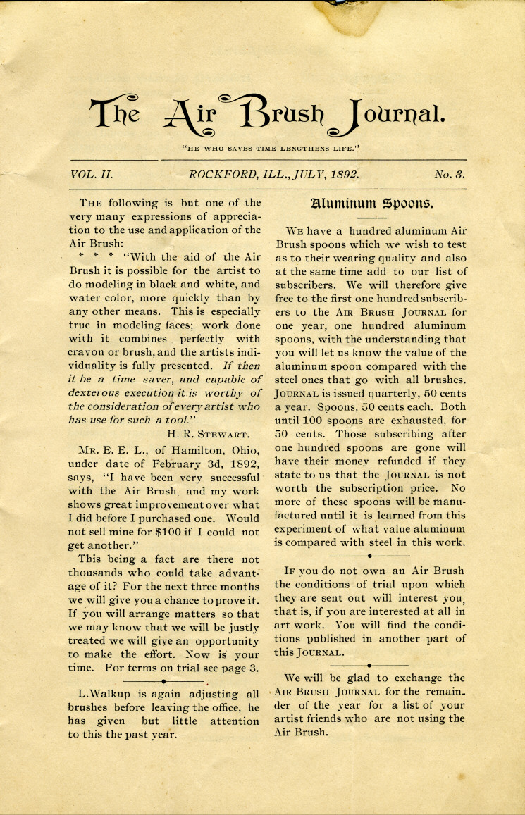 Page 1 of the 1892 Air Brush Journal magazine by Liberty Walkup & the Air Brush Mfg. Co.
