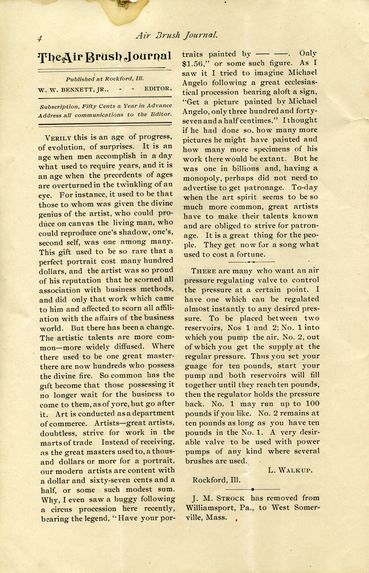 Page 4 of the 1892 Air Brush Journal magazine by Liberty Walkup & the Air Brush Mfg. Co.