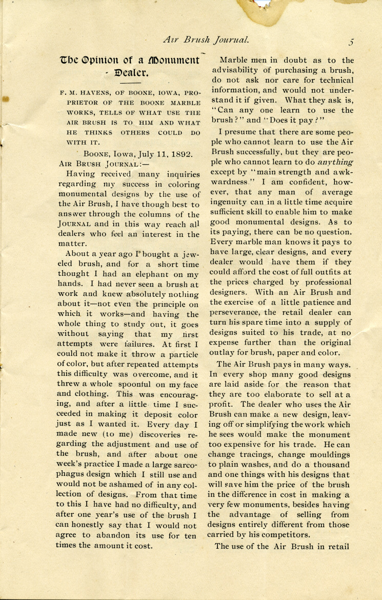 Page 5 of the 1892 Air Brush Journal magazine by Liberty Walkup & the Air Brush Mfg. Co.